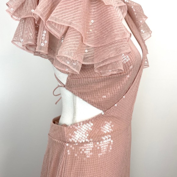 Mac Duggal Sequined Ruffled Cut Out Lace Up Gown In Rose Pink 10829 Size 8 New - Picture 8 of 16